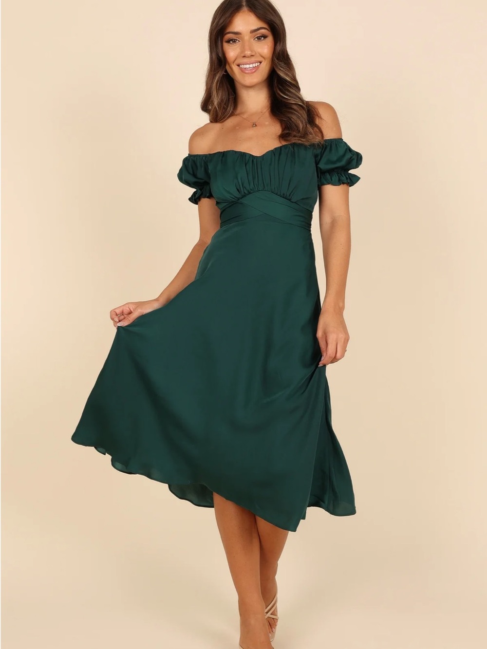 Petal & Pup Emerald Green Puff-Sleeve Maxi Dress with Waist Tie